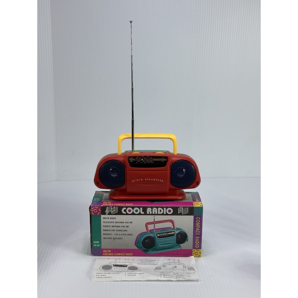 Vintage 1990s COOL RADIO Twin Speakers Portable Radio AM/FM Red Green Yellow NIB